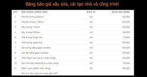 Bảng báo giá thi công sửa chữa nhà và cải tạo xây dựng công trình